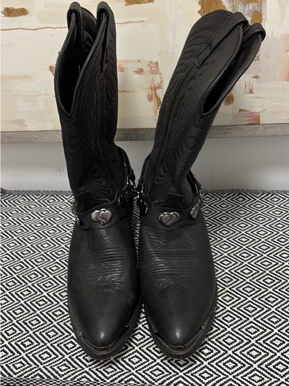 Black Women’s Masterson Leather Western Harness Boots with Heart Conchos